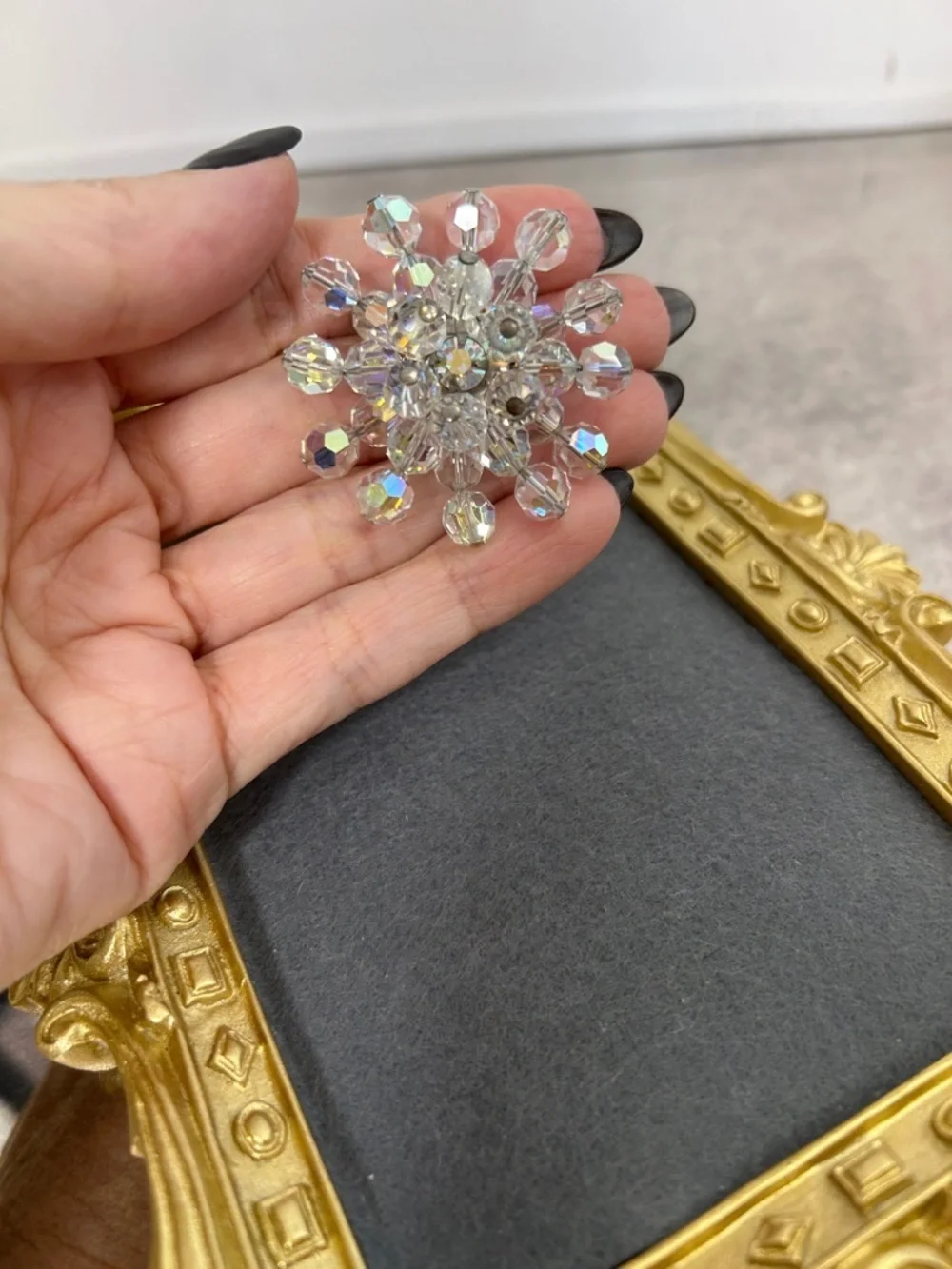 Vintage Crystal Aurora Borealis Flower Brooch - Sparkling Clear Rhinestone Pin